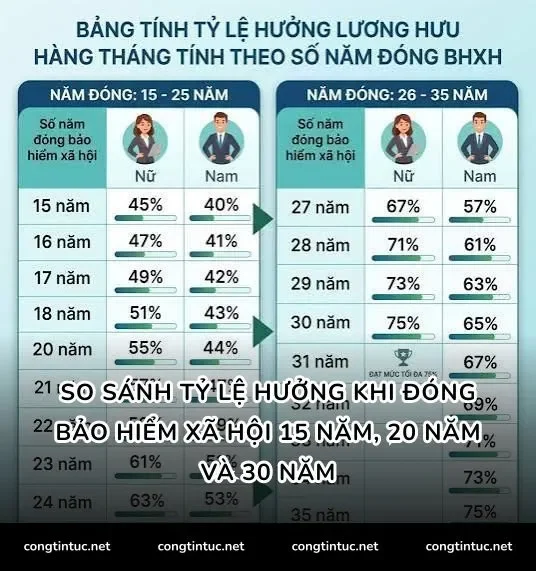 So sánh tỷ lệ hưởng khi đóng bảo hiểm xã hội 15 năm, 20 năm và 30 năm